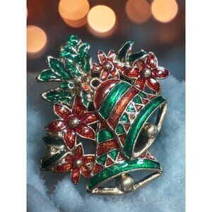 Vintage Christmas Bell Brooch Red Poinsettia Holly Gold Tone Holiday Pin Festive